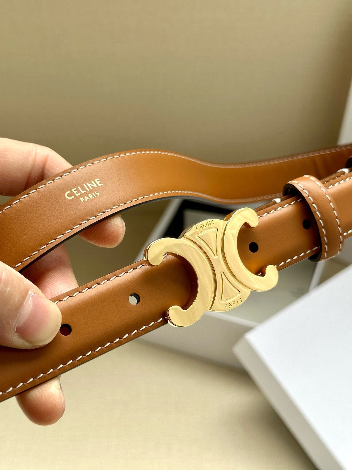 CELINE 25S BELT TRIOMPHE TAURILLON 25MM IN CARAMEL CALFSKIN 557500