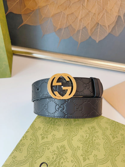Gucci Supreme Belt Gold Buckle 37mm Black Embossed Leather