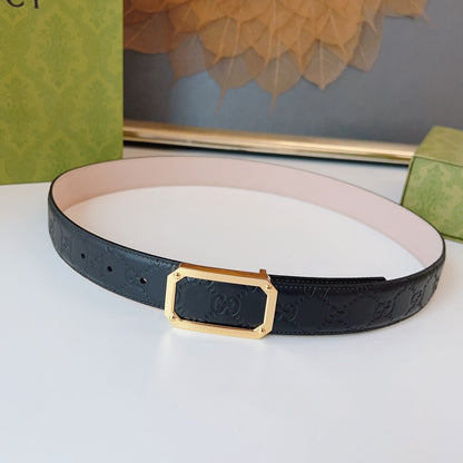 Gucci Signature Belt Gold Buckle 35mm Black Embossed Leather