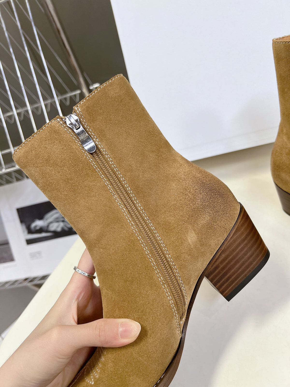 CELINE 25 Cowboy Boots Light Brown Suede 434415