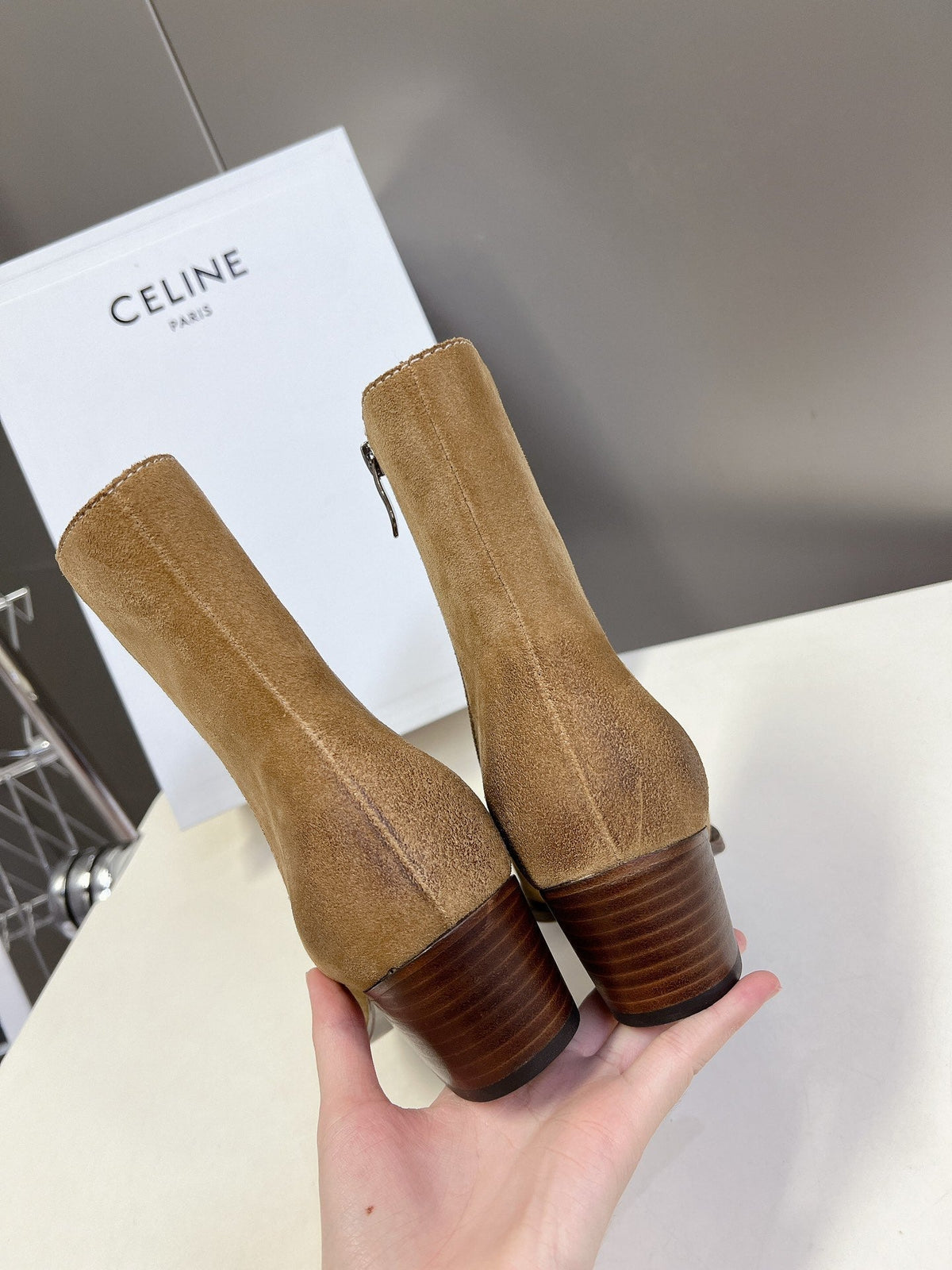 CELINE 25 Cowboy Boots Light Brown Suede 434415