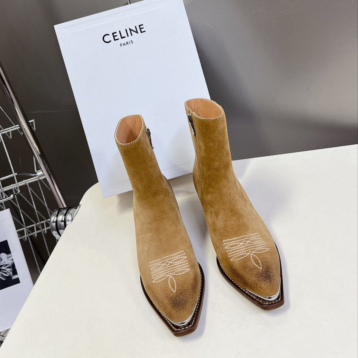 CELINE 25 Cowboy Boots Light Brown Suede 434415