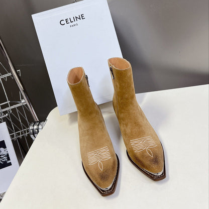 CELINE 25 Cowboy Boots Light Brown Suede 434415