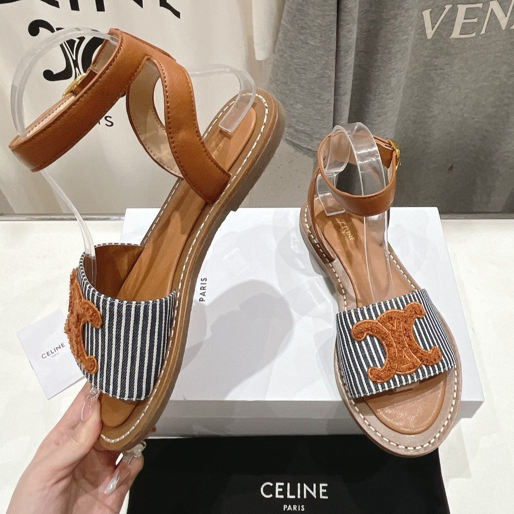 LYMPIA SANDAL IN TRIOMPHE MACCRAMÃ‰ COTTON & CALFSKIN BRONZE BROWN/NAVY