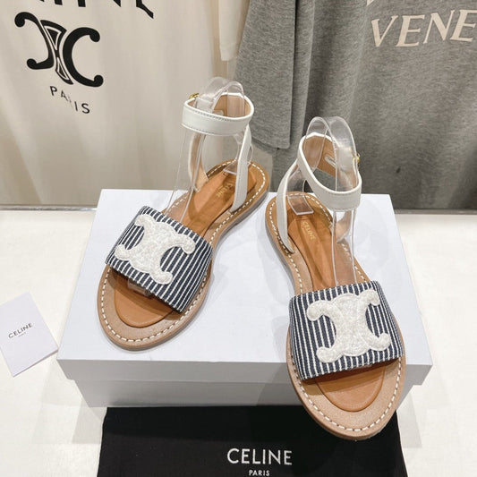 LYMPIA SANDAL IN TRIOMPHE MACCRAMÃ‰ COTTON & CALFSKIN OFF WHITE / NAVY