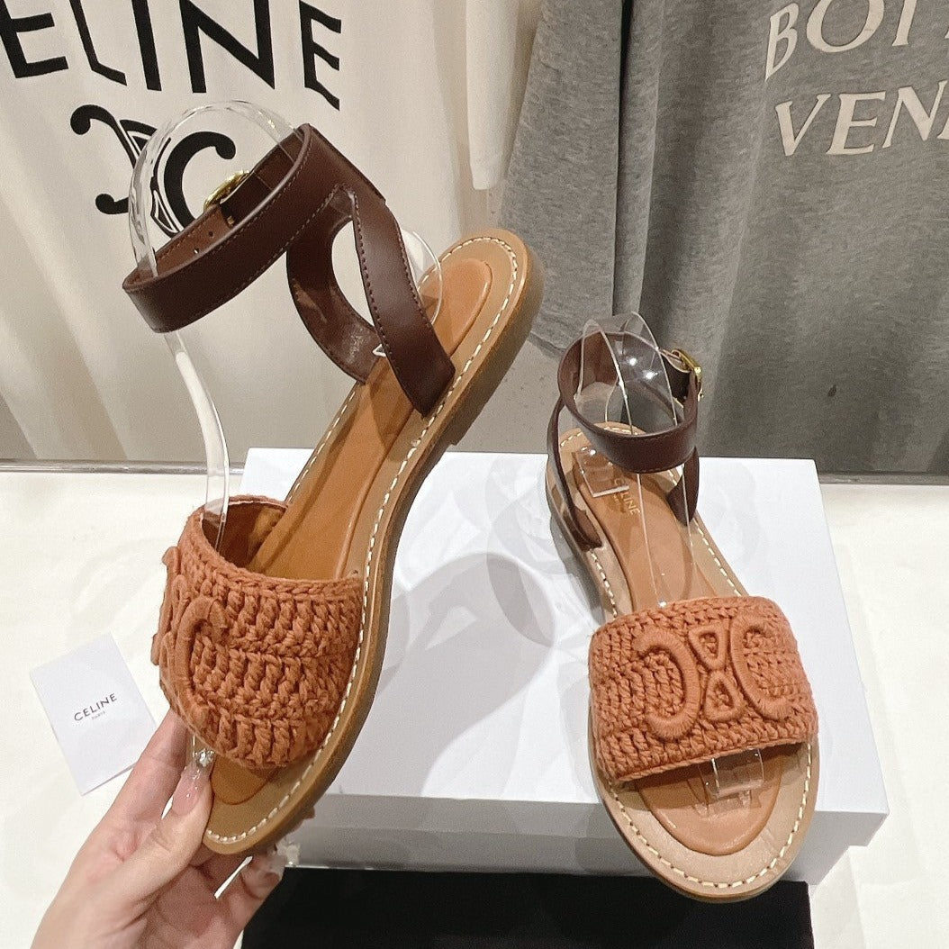 LYMPIA SANDAL IN TRIOMPHE MACCRAMÃ‰ COTTON & CALFSKIN BROWN/DARK BROWN