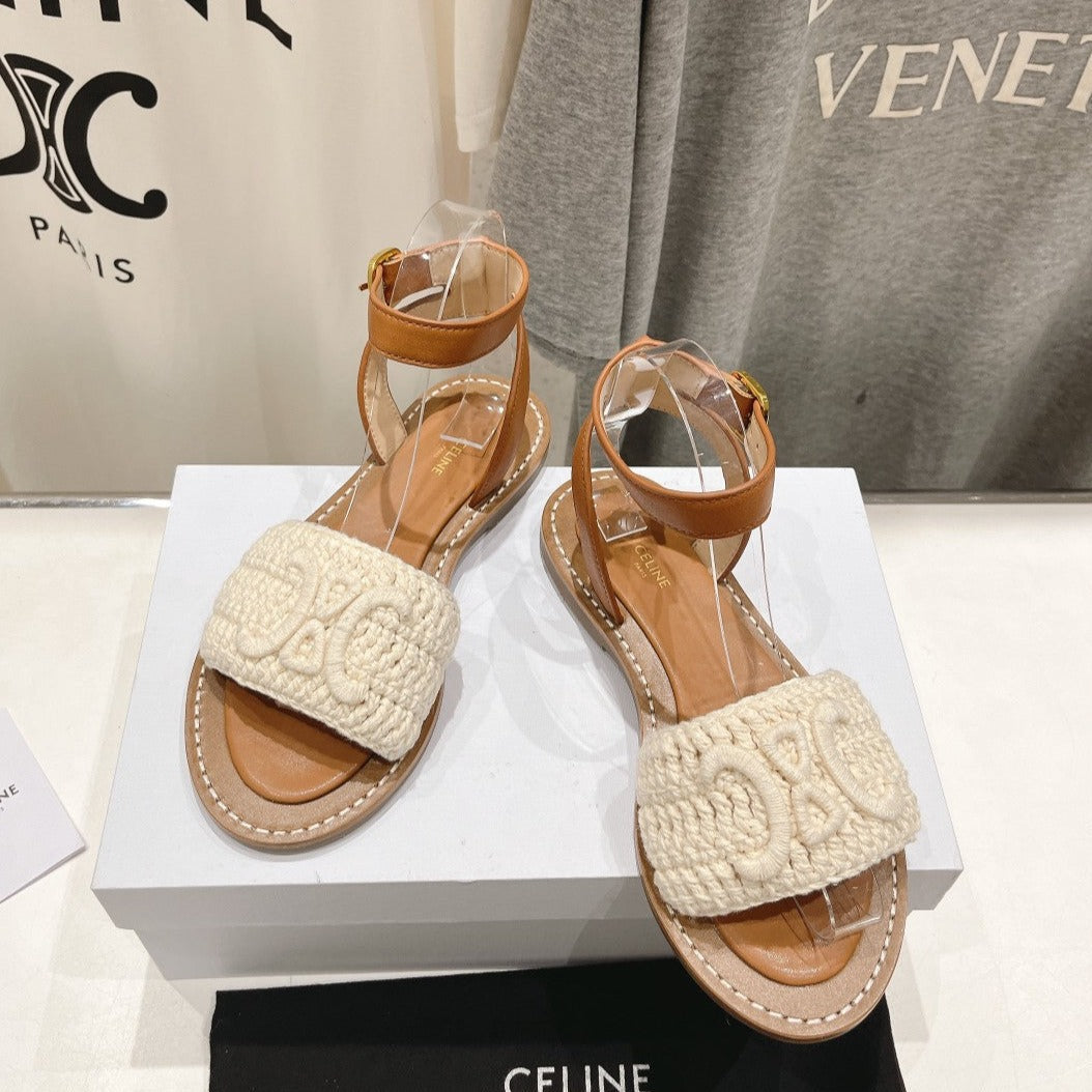 LYMPIA SANDAL IN TRIOMPHE MACCRAMÃ‰ COTTON & CALFSKIN ECRU TAN