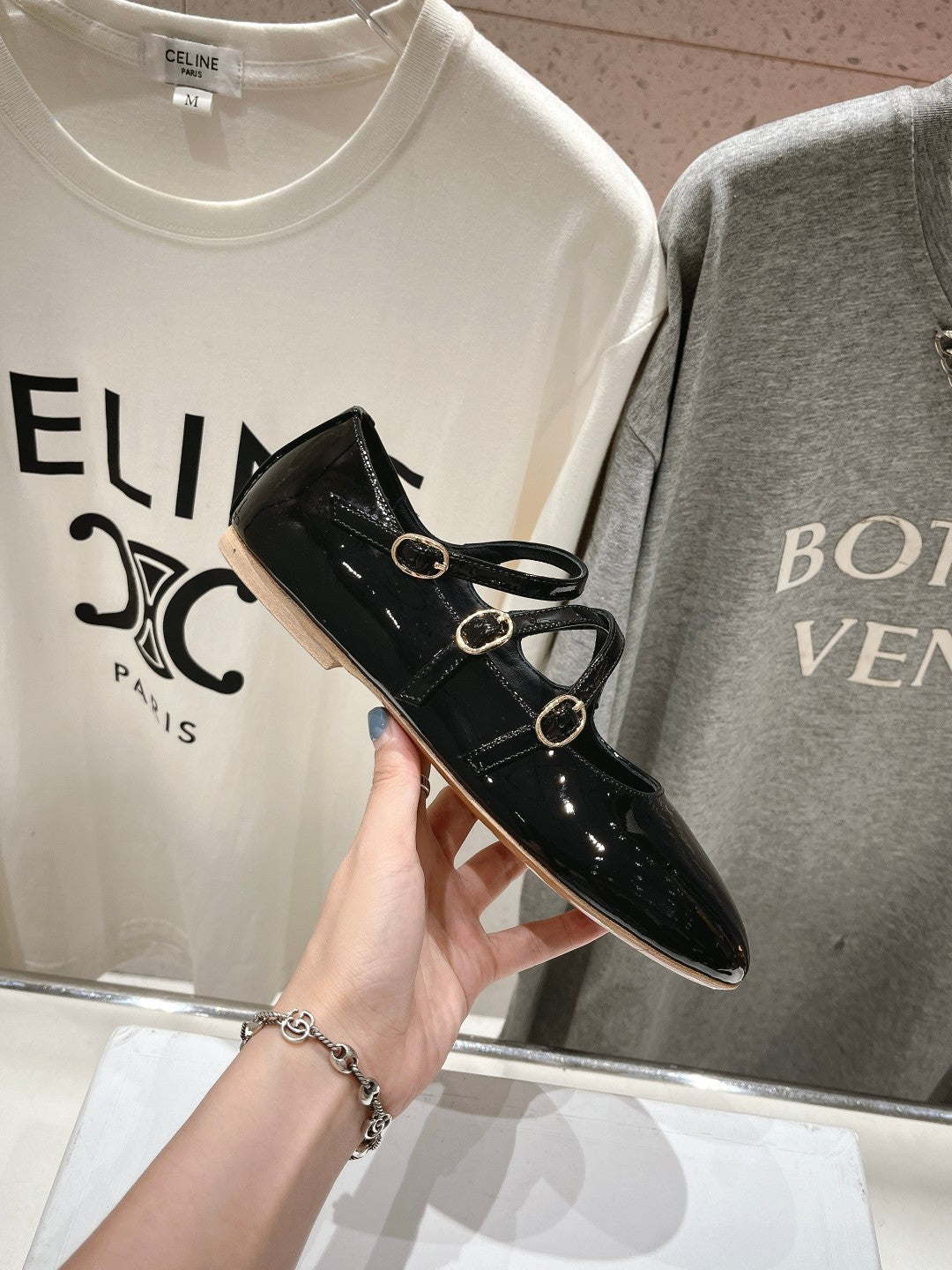 Celin Ballerina Triple Strap Black Patent Calfskin