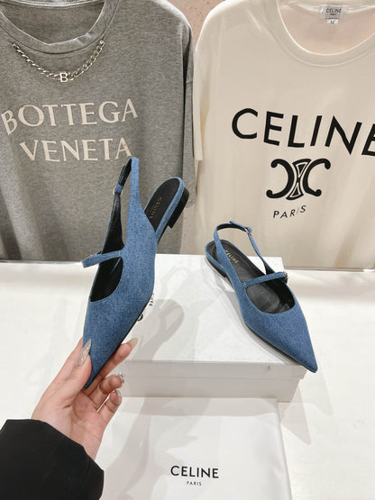 CELINE 25C Slingback Flat Demin Blue Fabric 236746
