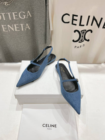 CELINE 25C Slingback Flat Demin Blue Fabric 236746