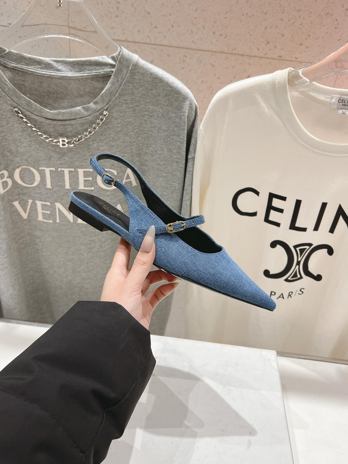 CELINE 25C Slingback Flat Demin Blue Fabric 236746