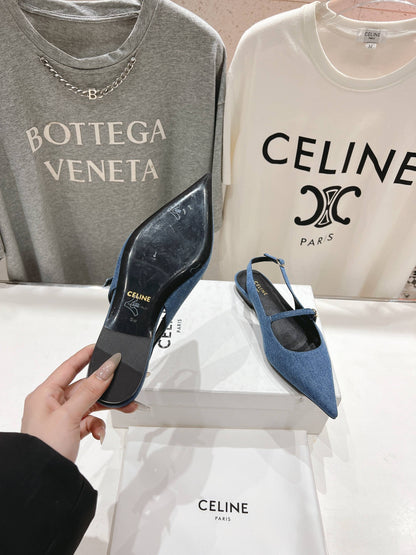 CELINE 25C Slingback Flat Demin Blue Fabric 236746