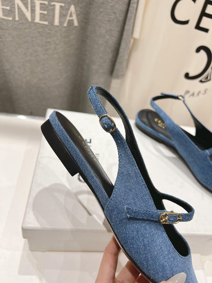 CELINE 25C Slingback Flat Demin Blue Fabric 236746