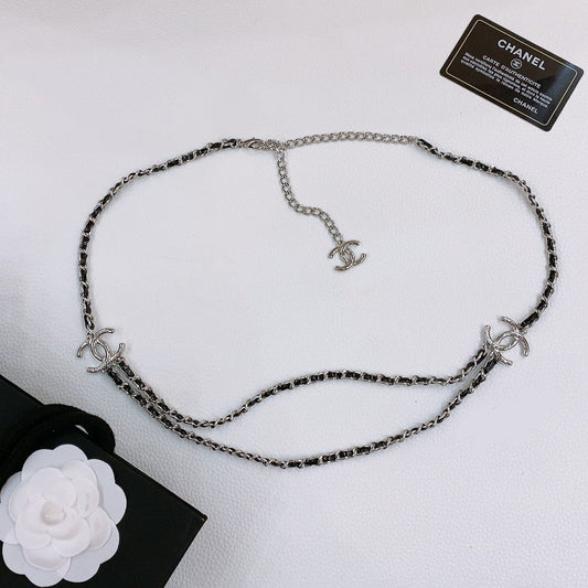 CHANEL CHAIN BELT IN SILVER METAL INTERWOVEN WITH CALFSKIN STRAPS