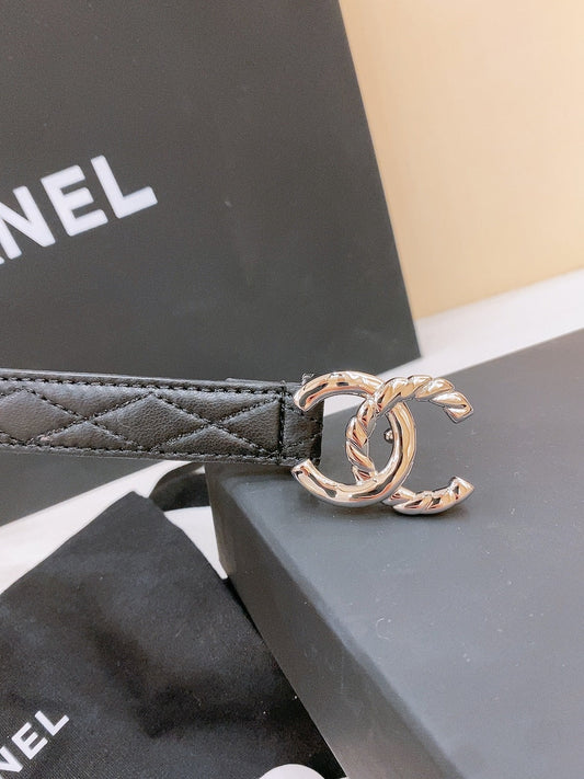 CHANEL DOUBLE C BELT 20MM IN BLACK CALFSKIN WITH QUILTED STITCHING AND SPIRAL SILVER BUCKLE