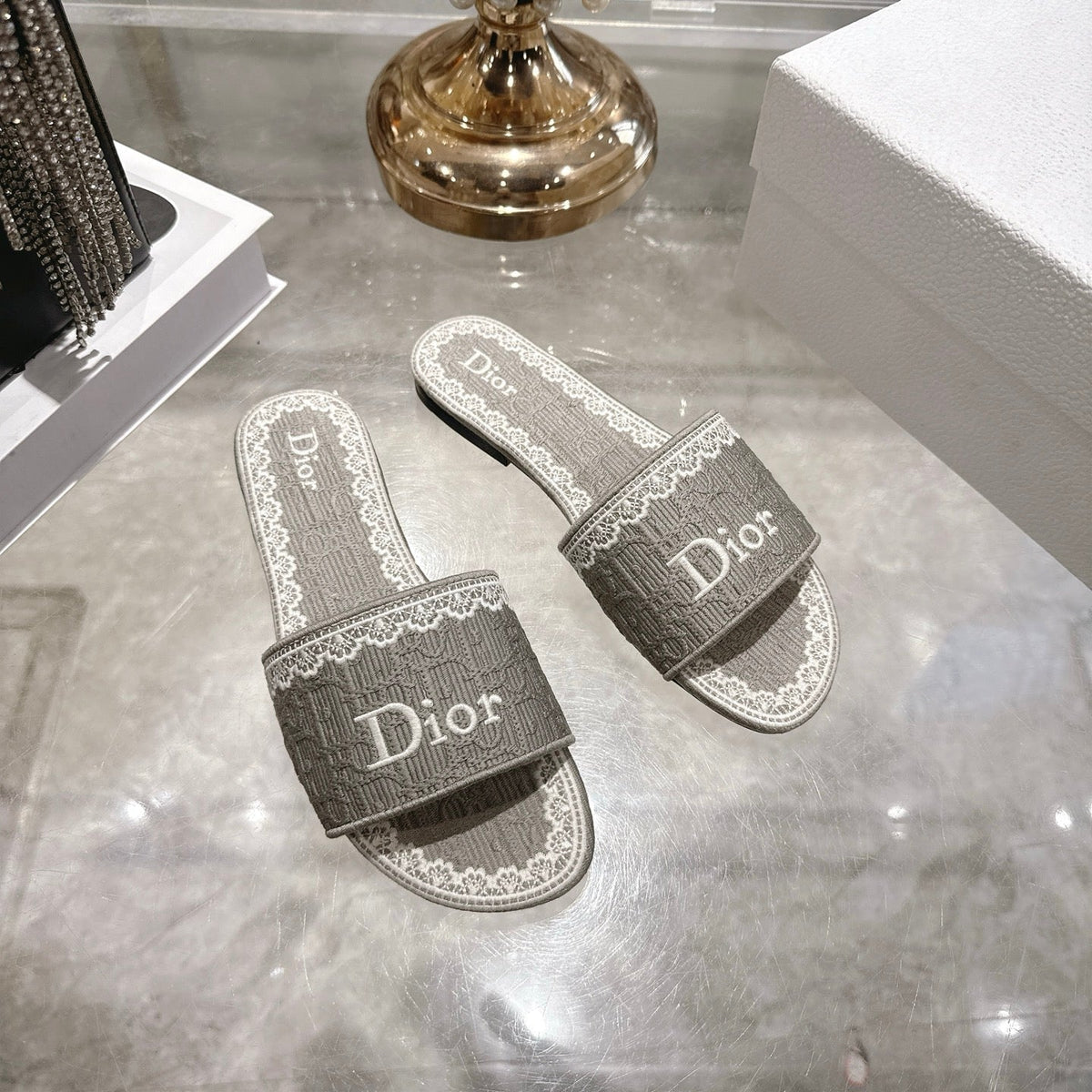 CD 26 Embroidered Sandals Gray White Canvas 592243