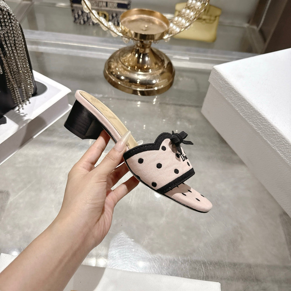 CD Dway Sandal 3.5cm PolkaDior Light Pink Motif Cotton Leather 951357