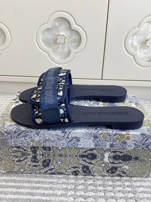 CD 26s Flat Slippers Navy Blue Monogram Canvas Rubber 648133