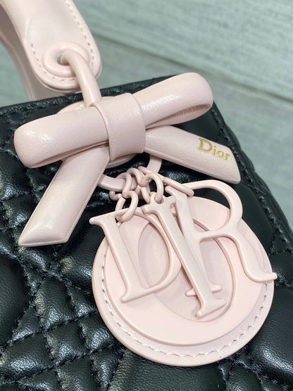 CD 2026 Bow Lady Dior 20cm Black Pink Cannage Lambskin 289164