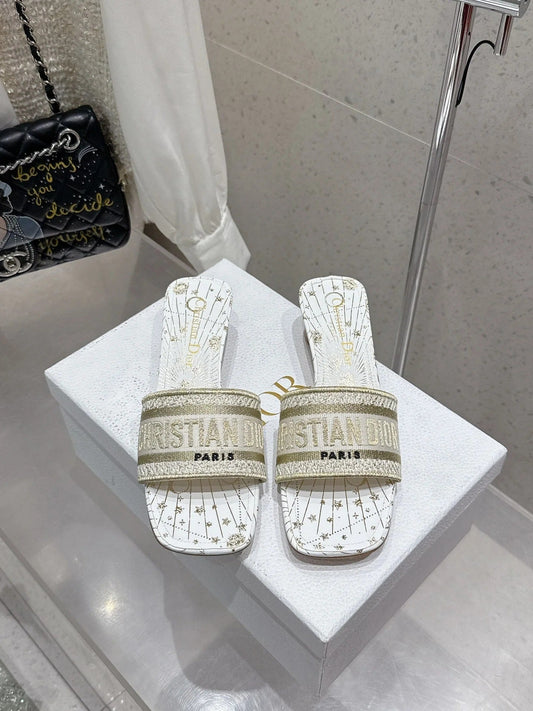 CD 26s Embroidered Flat Slippers Gold Canvas Leather 636394