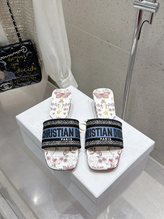 CD 26s Embroidered Flat Slippers White Blue Multicolor Canvas Leather 636393
