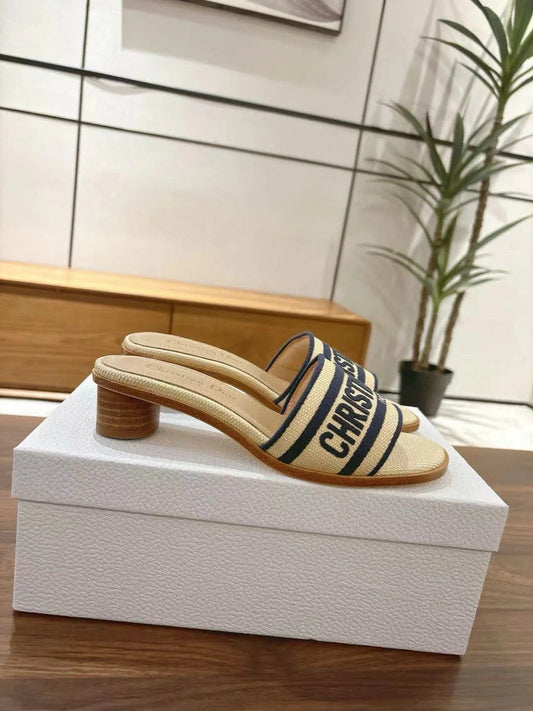 CD 26s Embroidered Sandals Beige Navy Blue Canvas Sheepskin 664321